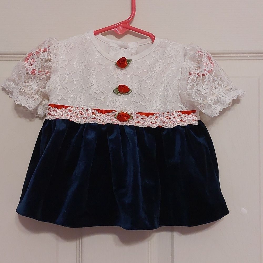Vintage Rose Cottage White Lace Blue Velvet Dress